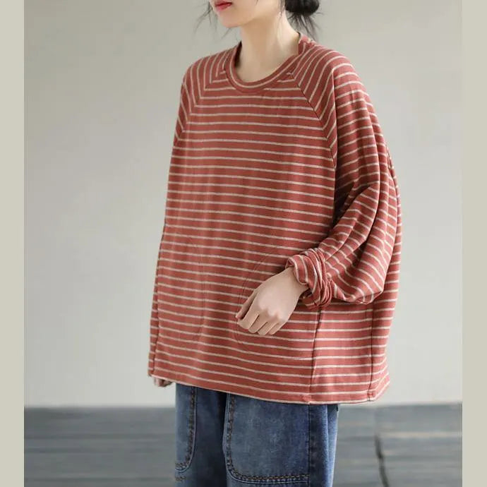 Diy Red Cotton Crane Tops Striped Cotton Spring Sweatshirt