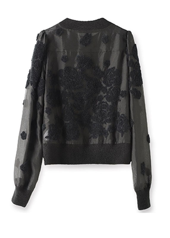 French Black O-neck Button Silk Wool Patchwork Knit Coat Long Sleeve