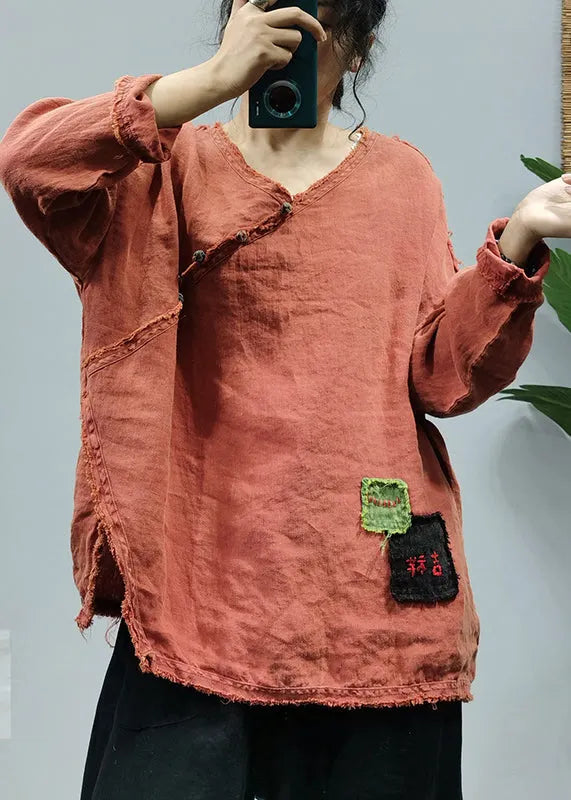 Organic Orange V Neck Embroideried Patchwork Side Open Linen Tops Long Sleeve