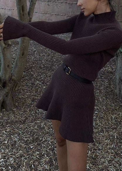 Coffee Turtleneck Cozy Knit Mid Dress Flare Sleeve
