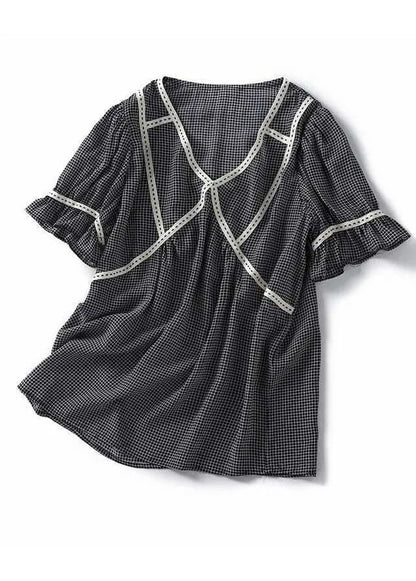 Small Plaid Ruffled Patchwork Silk Tops Summer