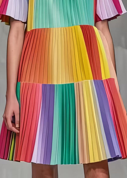 Rainbow Ruffled Patchwork Wrinkled Chiffon Mini Dress Summer