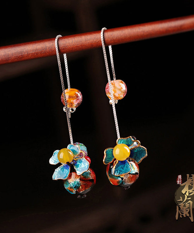 Blue Sterlin Silver Cloisonne Coloured Glaze Yellow Agate Drop Earrings