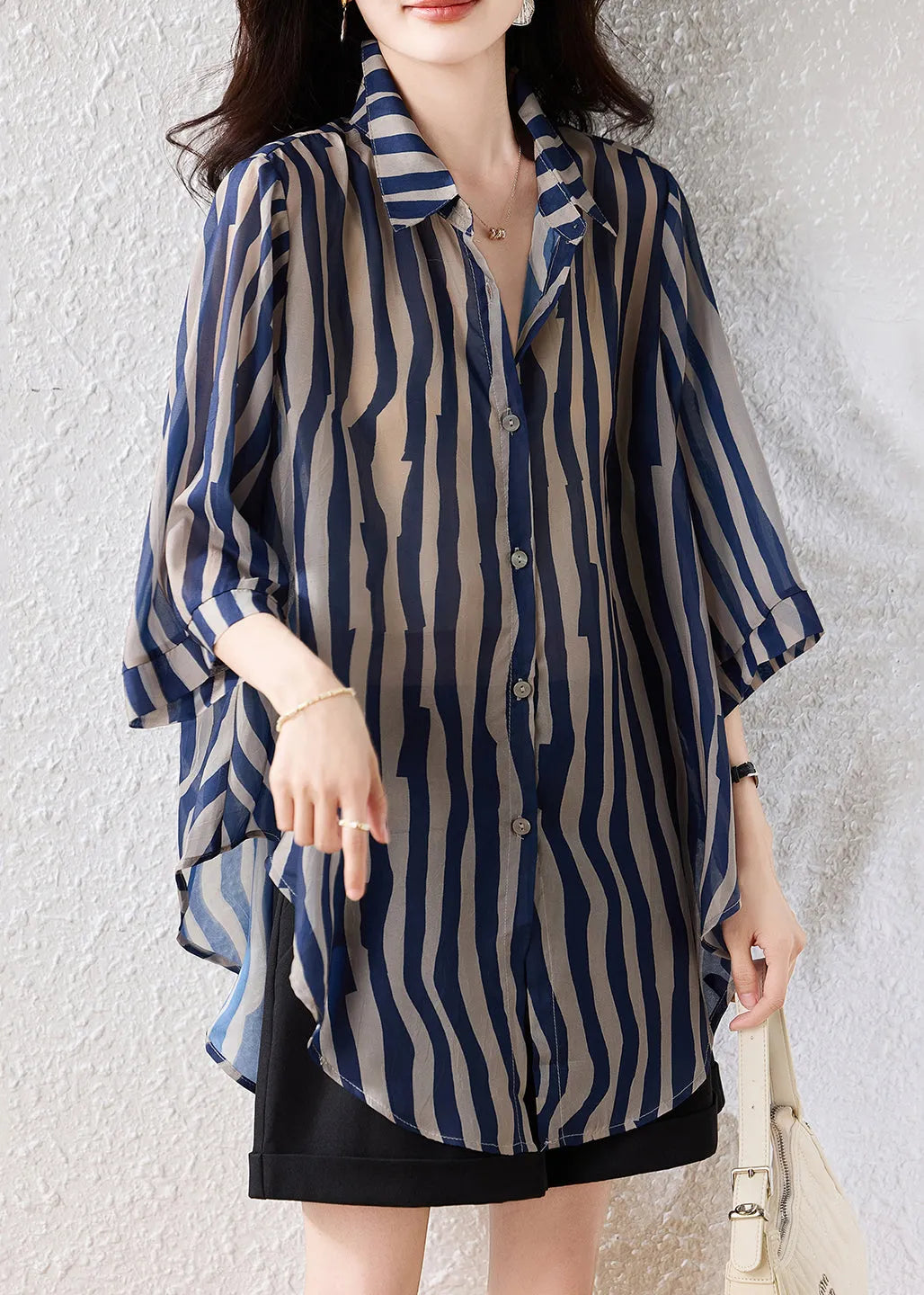 Fine Blue Oversized Striped Chiffon Blouse Tops Half Sleeve