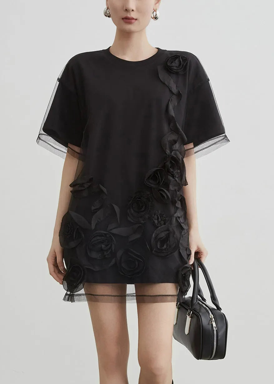 Art Black O Neck Tulle Patchwork T Shirts Summer