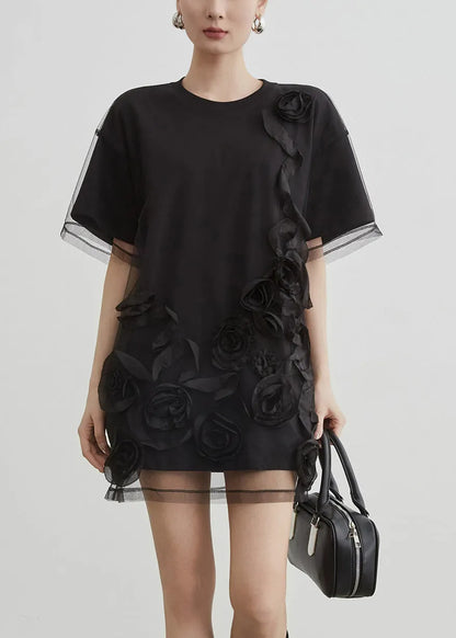Art Black O Neck Tulle Patchwork T Shirts Summer