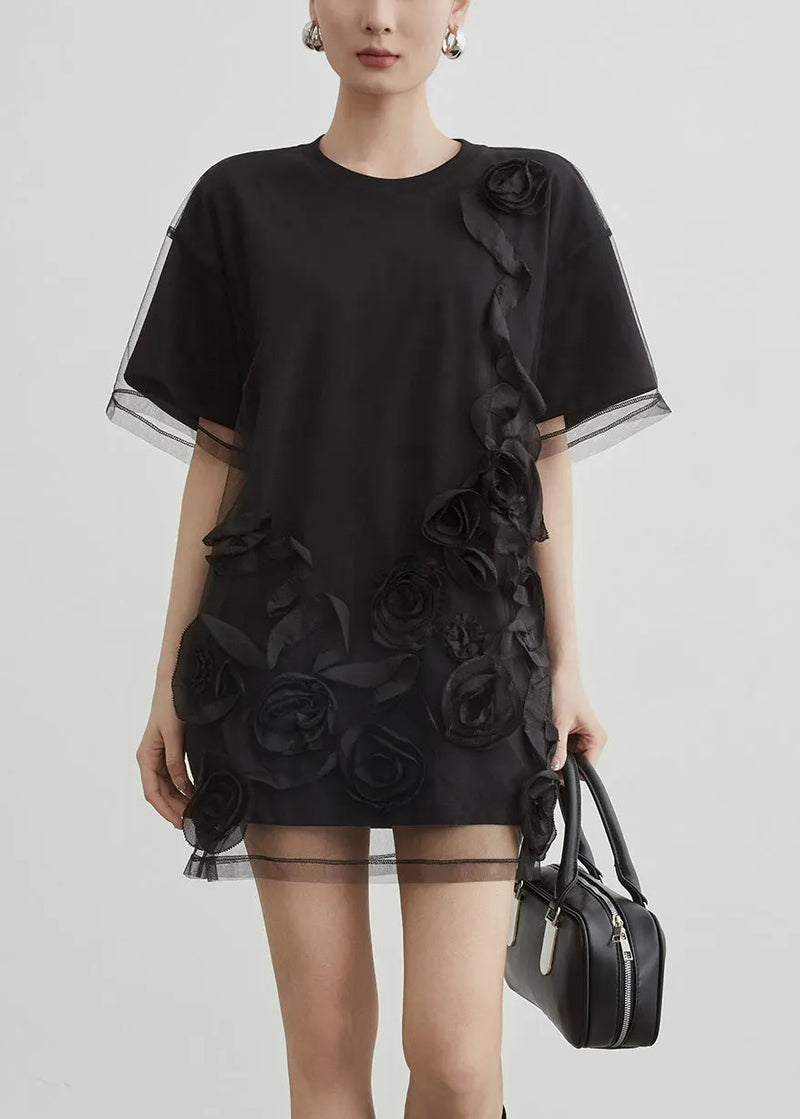 Art Black O Neck Tulle Patchwork T Shirts Summer