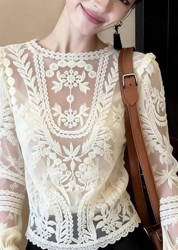 Classy White O-neck Hollow Out Lace Shirt Spring