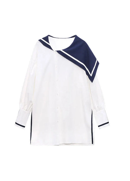 Simple White Button Side Open Sailor Collar Asymmetrical Shirt Spring