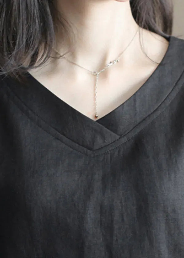 French Black V Neck Side Open Linen Tank Tops Half Sleeve
