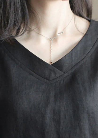 French Black V Neck Side Open Linen Tank Tops Half Sleeve