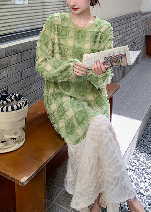 Stylish Green O-neck Plaid Patchwork Long Dress Spring