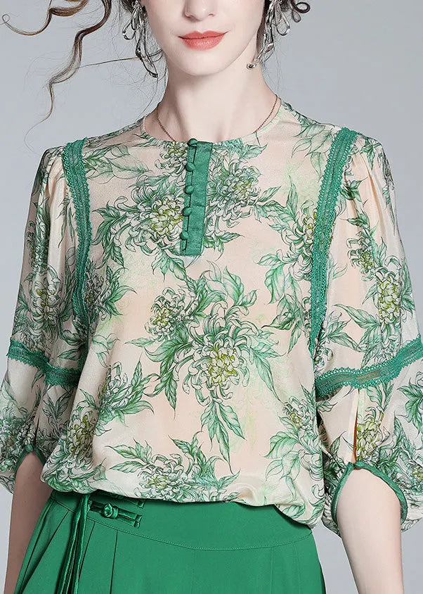 Green Lace Patchwork Button Silk Top Spring