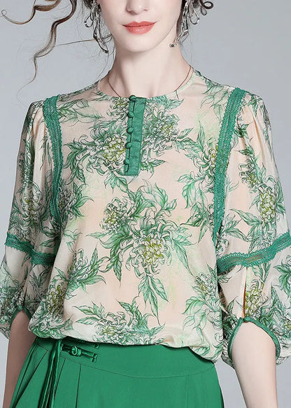 Green Lace Patchwork Button Silk Top Spring