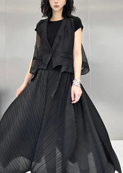 Black V Neck Asymmetrical Cotton Vest Tops Summer