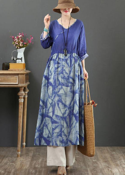 V Neck Patchwork Spring Quilting Clothes Runway Purple Print Dress