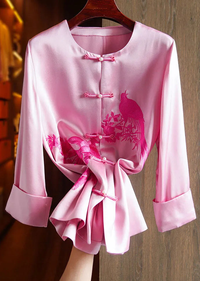 Classy Pink O-neck Embroideried Silk Top Long Sleeve