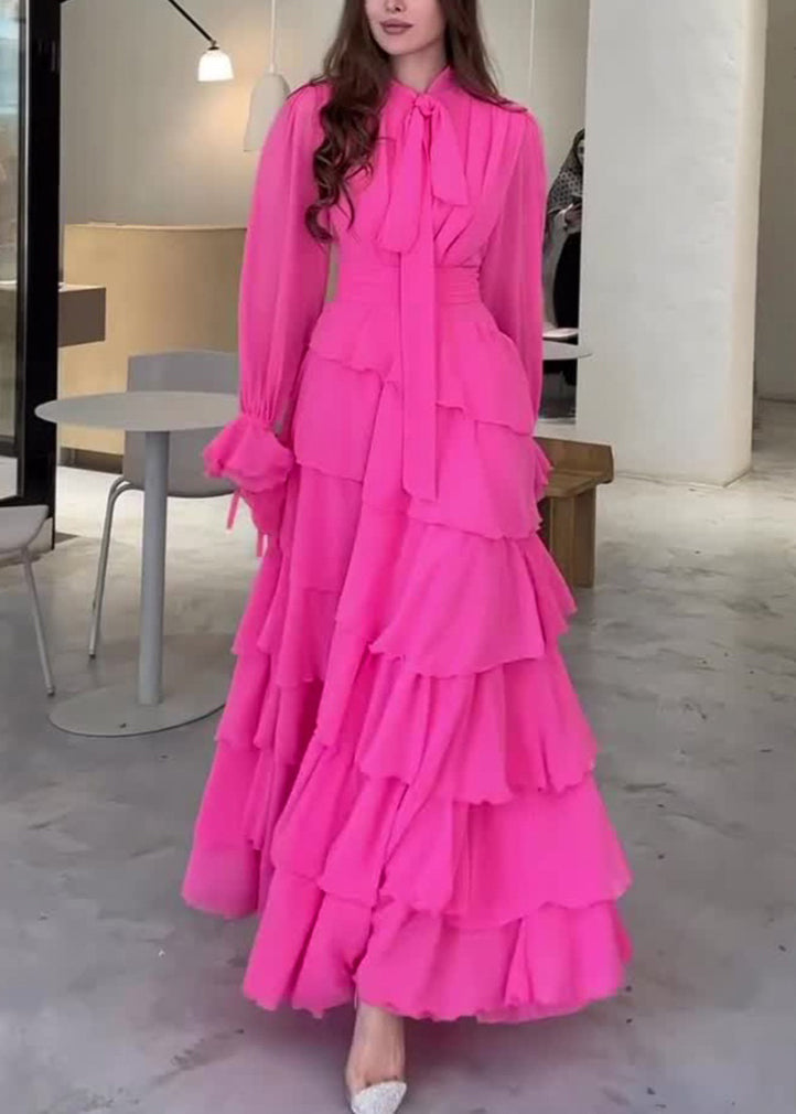 Rose Bow Ruffled Patchwork Chiffon Long Dress Fall
