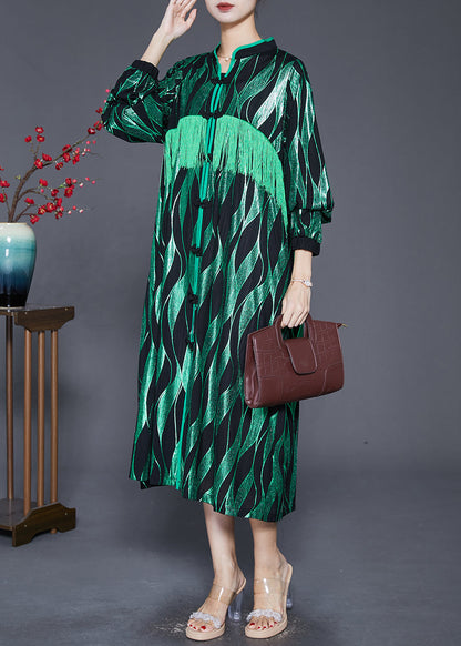 Green Striped Tasseled Chinese Button Silk Maxi Dresses Fall