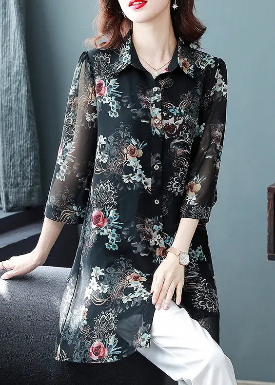 Black Button Peter Pan Collar Print Long Chiffon Blouses Three Quarter Sleeve