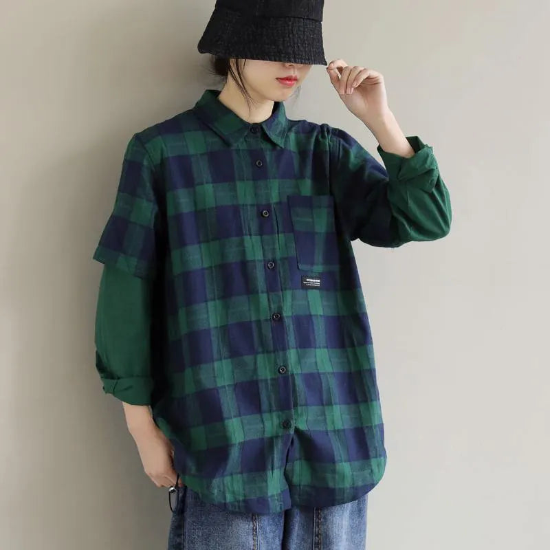French Blue Green Plaid Tops Blouses Lapel False Two Pieces Shirts