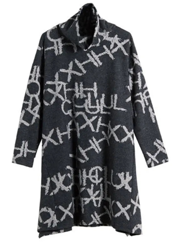 Black Turtleneck Alphabet Print Warm Fleece Thick Cotton Pullover Fall