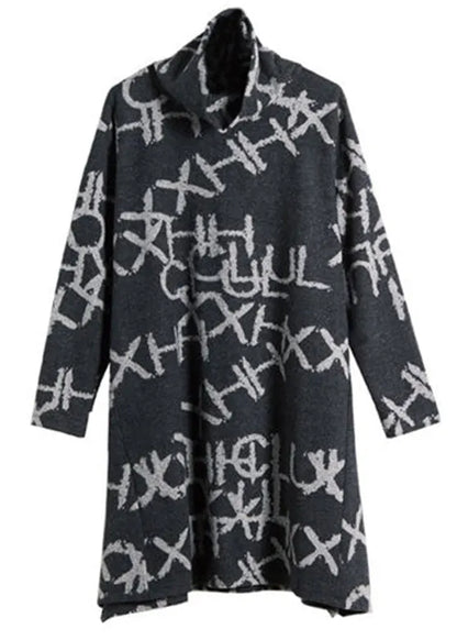 Black Turtleneck Alphabet Print Warm Fleece Thick Cotton Pullover Fall