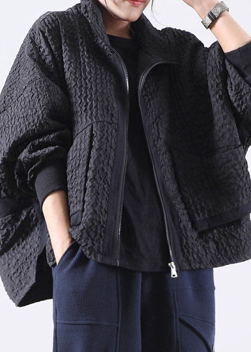 Black Zip Up Pockets Polyester Jackets Spring