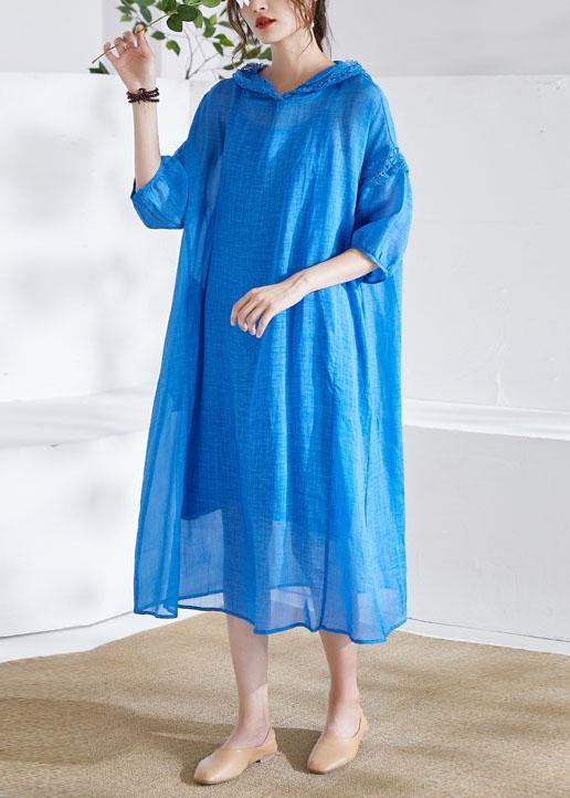 Organic Blue Ruffled Patchwork Summer Ramie Maxi Dresses Half Sleeve