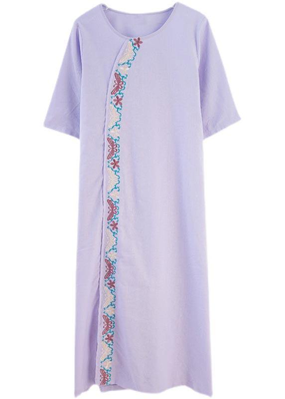 Comfy Comfy Light Purple Embroidery Cotton Linen Maxi Summer Dress