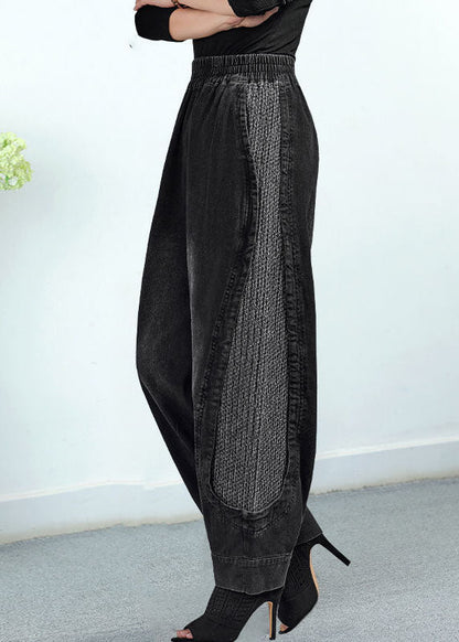 Black Elastic Waist Pockets Patchwork Cotton Pants Trousers Fall
