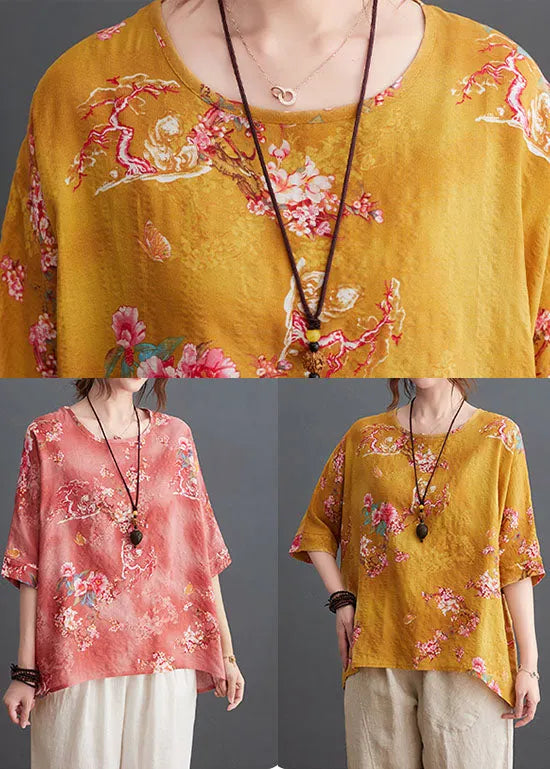 Yellow O-neck Print Linen Tank Tops Half Sleeve