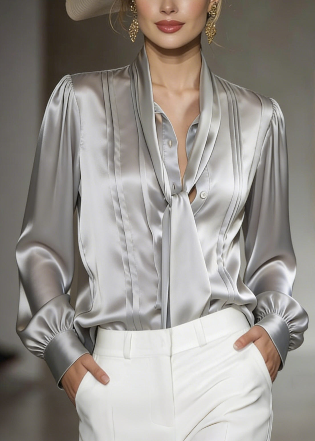 Classy Grey Lace Up Wrinkled Silk Blouses Spring