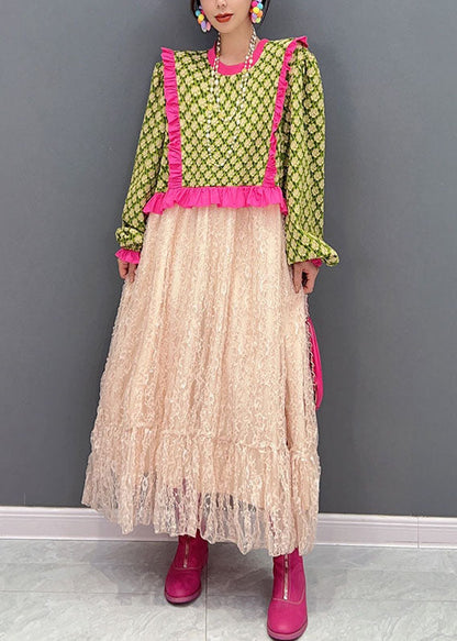 Art Green O-neck Ruffled Patchwork Tulle Maxi Dresses Fall