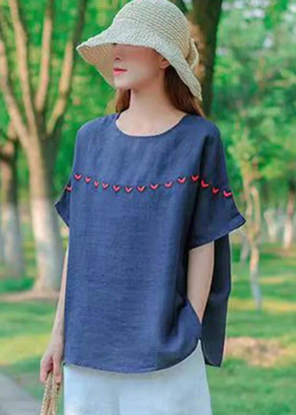 Navy O-neck Embroideried Cotton Tank Tops Short Sleeve