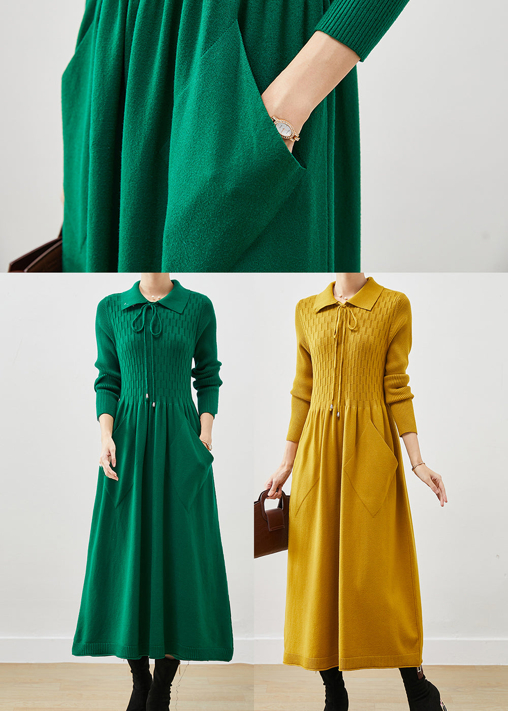 Blackish Green Lace Up Pockets Knit a Line Dresses Spring