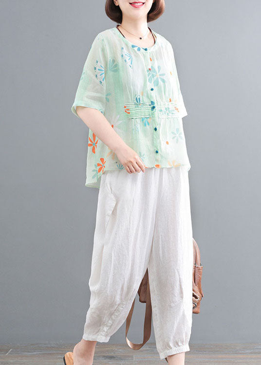 Green O-neck Button Wrinkled Print Cotton Shirts Half Sleeve