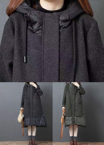 Green Pockets Patchwork Thick Long Coat Zip Up Long Sleeve