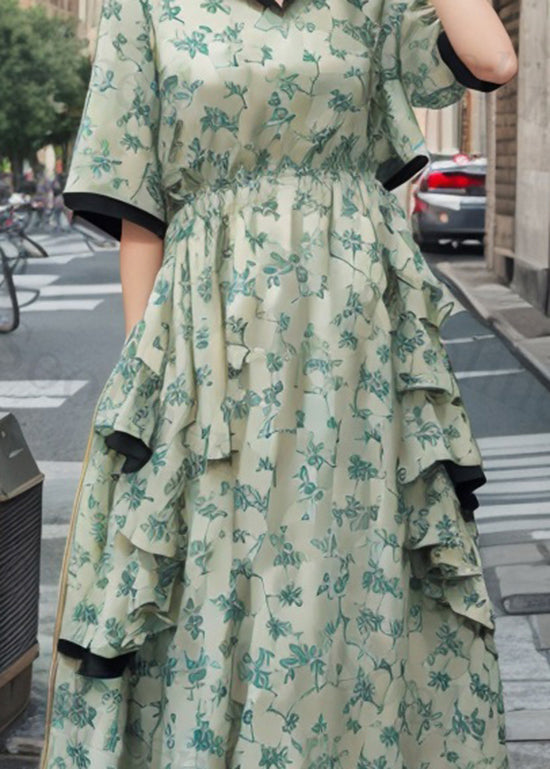 Stylish Green Ruffled Print Patchwork Silk Dresses Summer