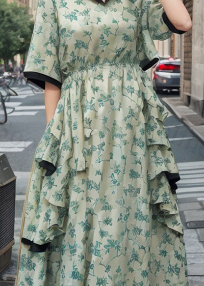 Stylish Green Ruffled Print Patchwork Silk Dresses Summer