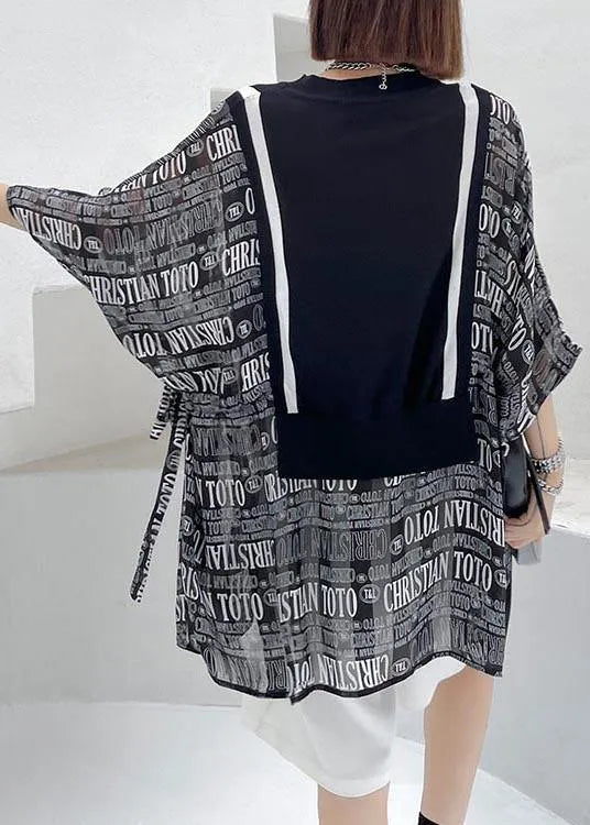 Black Patchwork Graphic Tie Waist Blouse Tops Summer