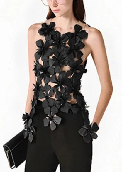 Stylish Black Asymmetrical Patchwork Tulle Tank Sleeveless