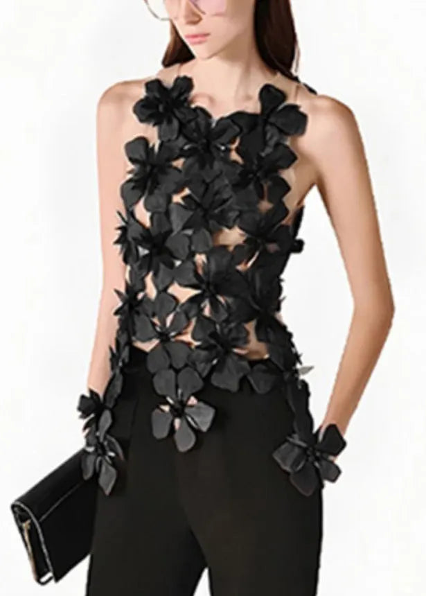 Stylish Black Asymmetrical Patchwork Tulle Tank Sleeveless