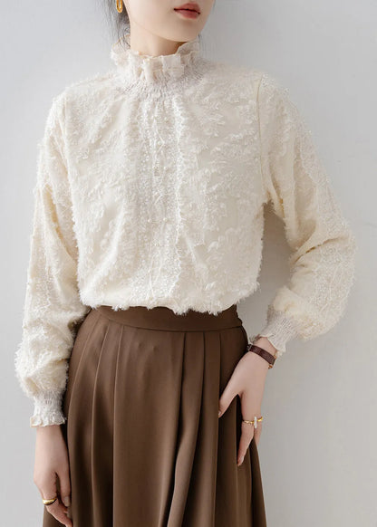 Beige Stand Collar Warm Fleece Blouse Tops Winter