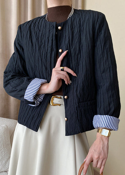 Fine Black O Neck Pockets Button Thin Fine Cotton Filled Coat Fall