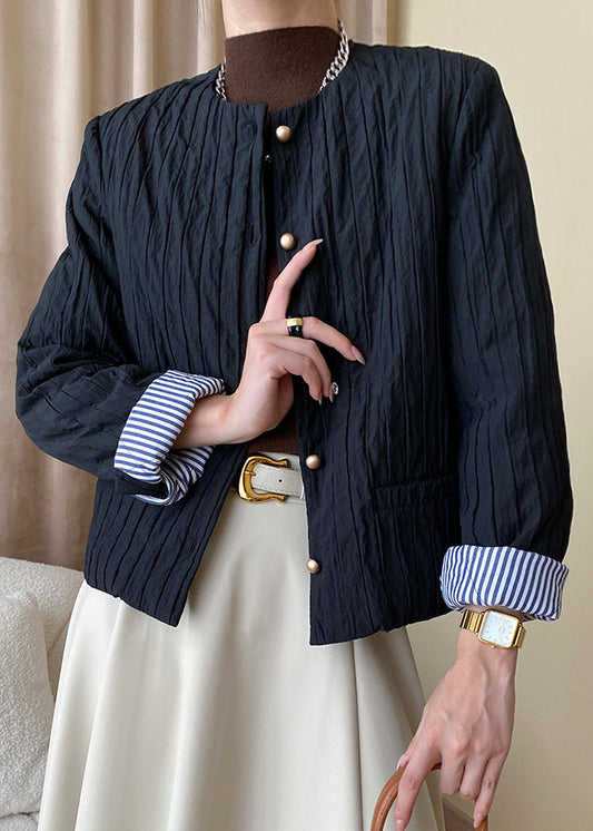 Fine Black O Neck Pockets Button Thin Fine Cotton Filled Coat Fall