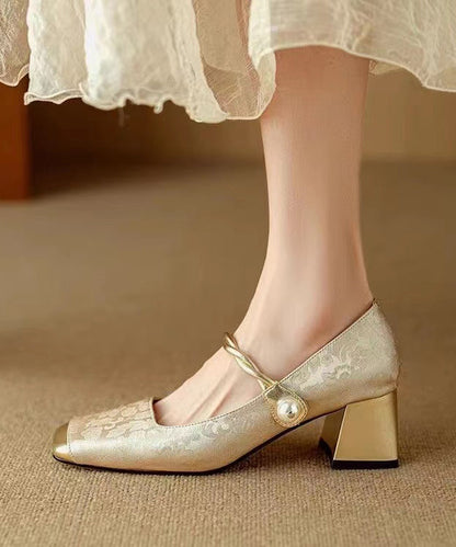 Chinese Retro Gold Chunky Heel Print Buckle Strap Loafers