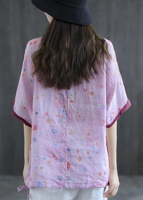 Pink Print Patchwork Summer Linen Shirt Half Sleeve