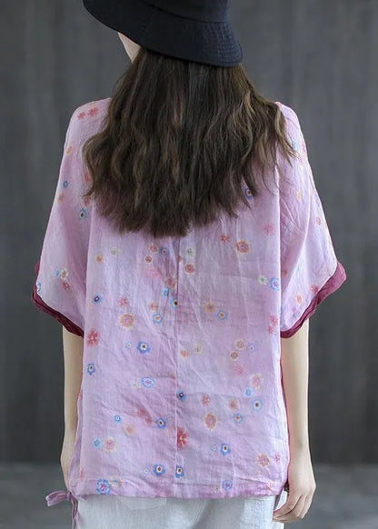Pink Print Patchwork Summer Linen Shirt Half Sleeve