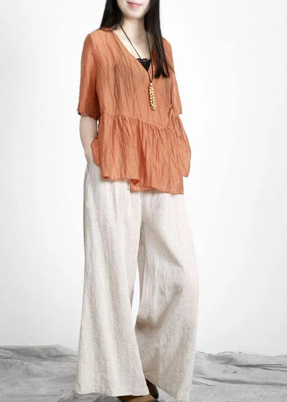 Orange V Neck Patchwork Linen Top
